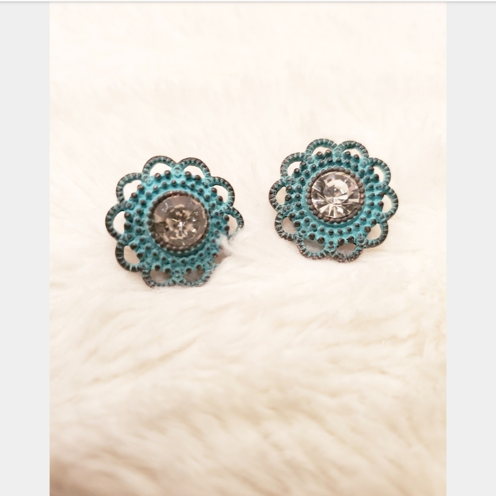 Blue Metal Stud Earrings - Picture 2 of 4